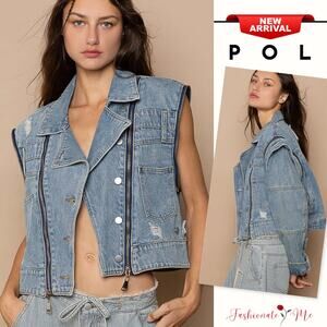 POL Removable Sleeves Multiple Zipper Details Cropped Denim Jacket | Dusty Blue